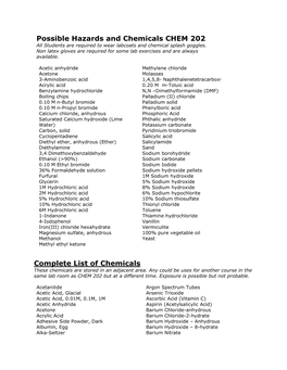 Possible Hazards and Chemicals CHEM 202 Complete List Of