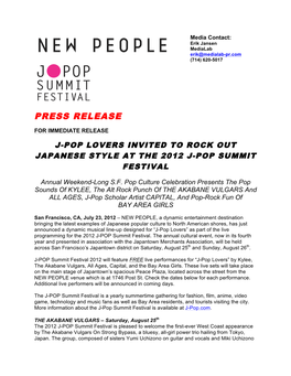 NEW PEOPLE Announces Music for J-Pop Lovers for 2012 J-POP Summit Festival Final