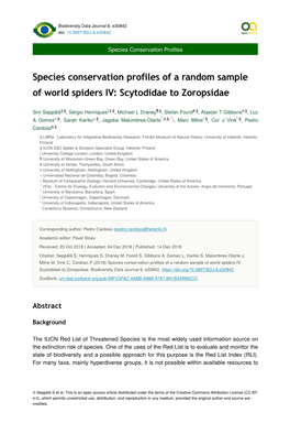 Species Conservation Profiles of a Random Sample of World Spiders IV: Scytodidae to Zoropsidae