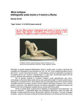 Bibliografia Sulla Morte E Il Morire a Roma