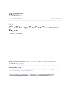 172Nd University of Notre Dame Commencement Program University of Notre Dame