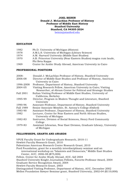 JOEL BEININ Donald J. Mclachlan Professor of History Professor of Middle East History Stanford University Stanford, CA 94305-2024 Beinin@Stanford.Edu