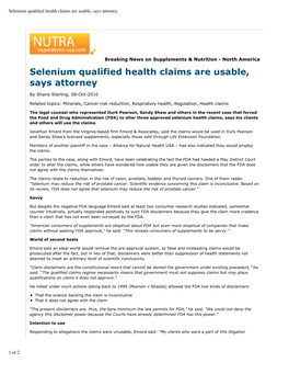 Selenium Qualified Health Claims Are Usable, Says Attorney