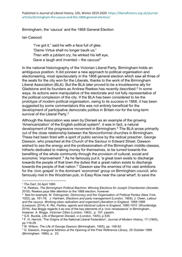 Birmingham, the 'Caucus' and the 1868 General Election Ian Cawood “I've Got It,” Said He with a Face Full of Glee, “