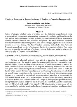 Poetics of Resistance in Roman Antiquity: a Reading in Neronian Prosopography