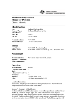Cockatoo Island Convict Site Other Names: Place ID: 105928 File No: 1/12/022/0089