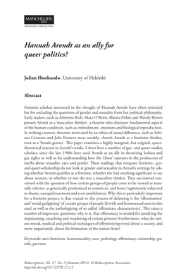 Hannah Arendt As an Ally for Queer Politics?