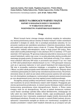 Dzieci Na Drogach Warmii I Mazur Raport O Dojazdach Dzieci I Młodzieży W Wybranych Gminach Województwa Warmińsko-Mazurskiego