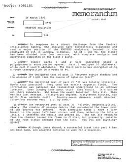 Kryptos Sculpture Memo, Dated 26 March 1992