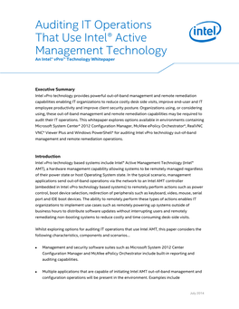 Auditing IT Operations That Use Intel® Active Management Technology an Intel® Vpro™ Technology Whitepaper