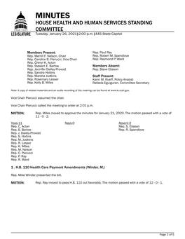 MINUTES HOUSE HEALTH and HUMAN SERVICES STANDING COMMITTEE Tuesday, January 26, 2021|2:00 P.M.|445 State Capitol