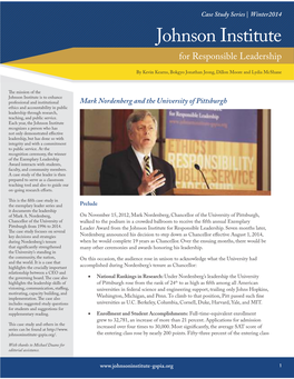 Mark Nordenberg and the University of Pittsburgh Ethics and Accountability in Public Leadership Through Research, Teaching, and Public Service