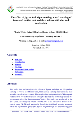 The Effect of Jigsaw Technique on 6Th Graders' Learning of Force and Motion Unit and Their Science Attitudes and Motivation