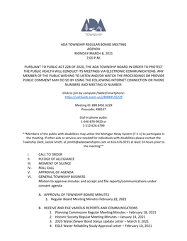 Ada Township Regular Board Meeting Agenda Monday March 8, 2021 7:00 P.M