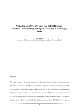 Producing Local Neoliberalism in a Leftist Regime: Neoliberal Governmentality and Populist Transition in West Bengal, India