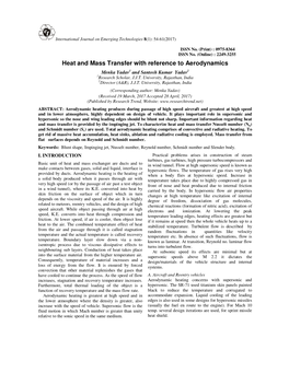 Heat and Mass Transfer with Reference to Aerodynamics Menka Yadav 1 and Santosh Kumar Yadav 2 1Research Scholar, J.J.T