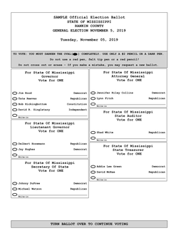 SAMPLE Official Election Ballot STATE of MISSISSIPPI RANKIN COUNTY GENERAL ELECTION NOVEMBER 5, 2019