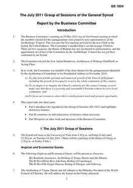 The July 2011 Group of Sessions of the General Synod Report By