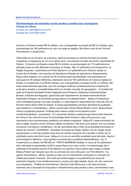 Pavimentação De Estradas Rurais Muda O Cenário Nos Municípios Paraná Em Obras Enviado Por: Editor@Secs.Pr.Gov.Br Postado Em:13/07/2020 09:00