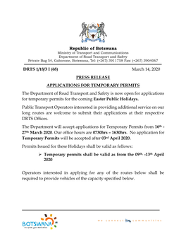 Republic of Botswana DRTS 1/18/3 I (68) March 14, 2020 PRESS