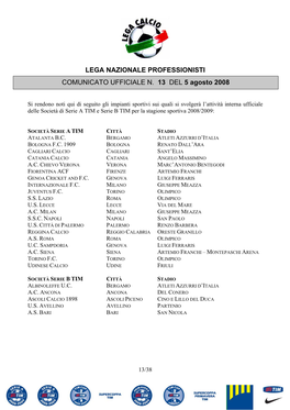 Lega Nazionale Professionisti Comunicato Ufficiale N. 13