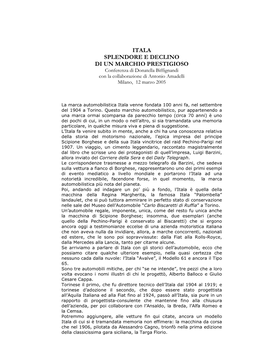 ITALA SPLENDORE E DECLINO DI UN MARCHIO PRESTIGIOSO Conferenza Di Donatella Biffignandi Con La Collaborazione Di Antonio Amadelli Milano, 12 Marzo 2005