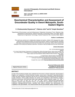 Geochemical Characterization and Assessment of Groundwater Quality in Owerri Metropolis, South- Eastern Nigeria