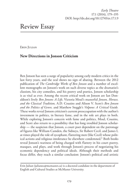 New Directions in Jonson Scholarship