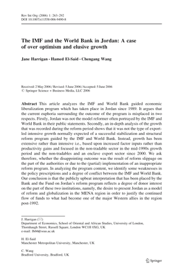 The IMF and the World Bank in Jordan: a Case of Over Optimism and Elusive Growth