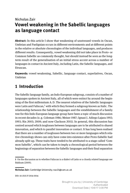 Vowel Weakening in the Sabellic Languages As Language Contact