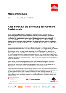 Medienmitteilung Alles Bereit Für Die Eröffnung Des Gotthard
