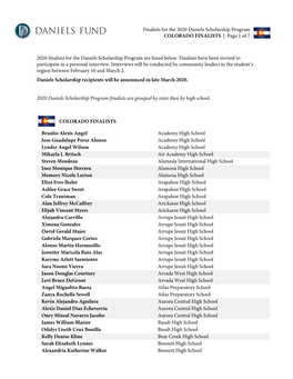 Finalists for the 2020 Daniels Scholarship Program COLORADO FINALISTS | Page 1 of 7
