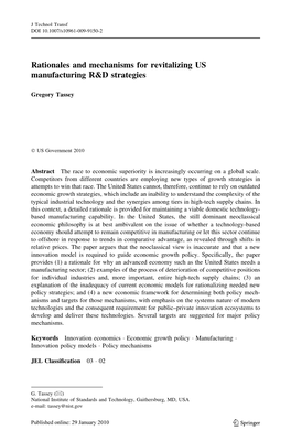 Rationales and Mechanisms for Revitalizing US Manufacturing R&D Strategies