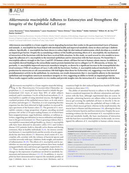 Akkermansia Muciniphila Adheres to Enterocytes and Strengthens the Integrity of the Epithelial Cell Layer Downloaded From