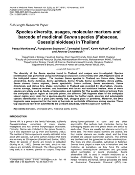 Species Diversity, Usages, Molecular Markers and Barcode of Medicinal Senna Species (Fabaceae, Caesalpinioideae) in Thailand