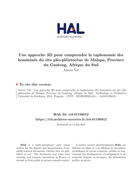 Une Approche 3D Pour Comprendre La Taphonomie Des Homininés Du Site Plio- Pléistocène De Malapa, Province Du Gauteng, Afrique Du Sud