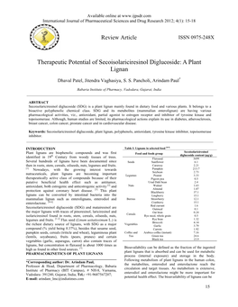 Therapeutic Potential of Secoisolariciresinol Diglucoside: a Plant Lignan