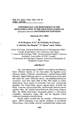 EPIDEMIOLOGY and BIODIVERSITY of the DENSOVIRUS Mldnv in the FIELD POPULATIONS of Spodoptera Littoralis and OTHER NOCTUID PESTS