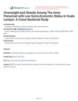 Overweight and Obesity Among the Army Personnel with Low Socio-Economic Status in Kuala Lumpur: a Cross-Sectional Study