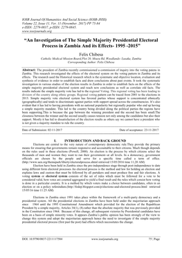 An Investigation of the Simple Majority Presidential Electoral Process in Zambia and Its Effects- 1995 -2015”