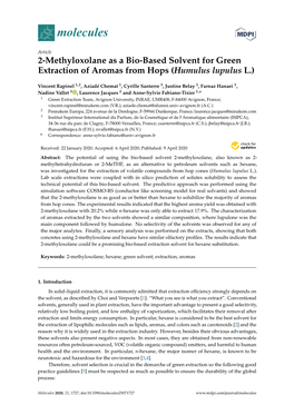 2-Methyloxolane As a Bio-Based Solvent for Green Extraction of Aromas from Hops (Humulus Lupulus L.)