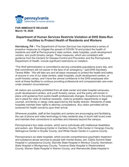 Department of Human Services Restricts Visitation at DHS State-Run Facilities to Protect Health of Residents and Workers