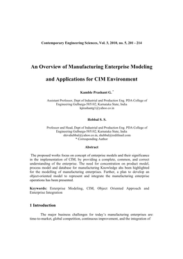 An Overview of Manufacturing Enterprise Modeling And