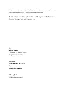 A KD Framework in Football Data Analytics: a Value Co-Creation Framework for the Use of Knowledge Discovery Technologies in the Football Industry