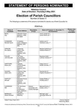 STATEMENT of PERSONS NOMINATED Election of Parish