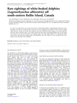 Rare Sightings of White-Beaked Dolphins (Lagenorhynchus Albirostris) Off South-Eastern Bafﬁn Island, Canada N.R
