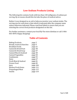 Low-Sodium Products Listing Table of Contents