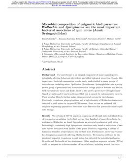 Microbial Composition of Enigmatic Bird Parasites: Wolbachia and Spiroplasma Are the Most Important Bacterial Associates of Quill Mites (Acari: Syringophilidae)