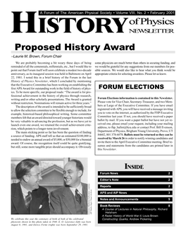 Historyof Physics Proposed History Award
