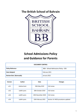 The British School of Bahrain School Admissions Policy and Guidance for Parents